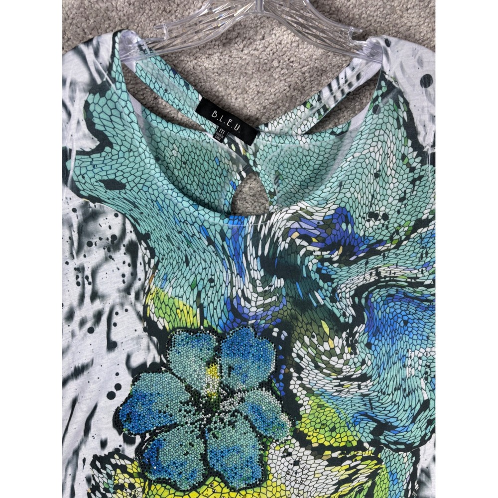 BLEU Women's Medium Blue Green Floral Print Twisted Cutout Tunic Top - Picture 2 of 13